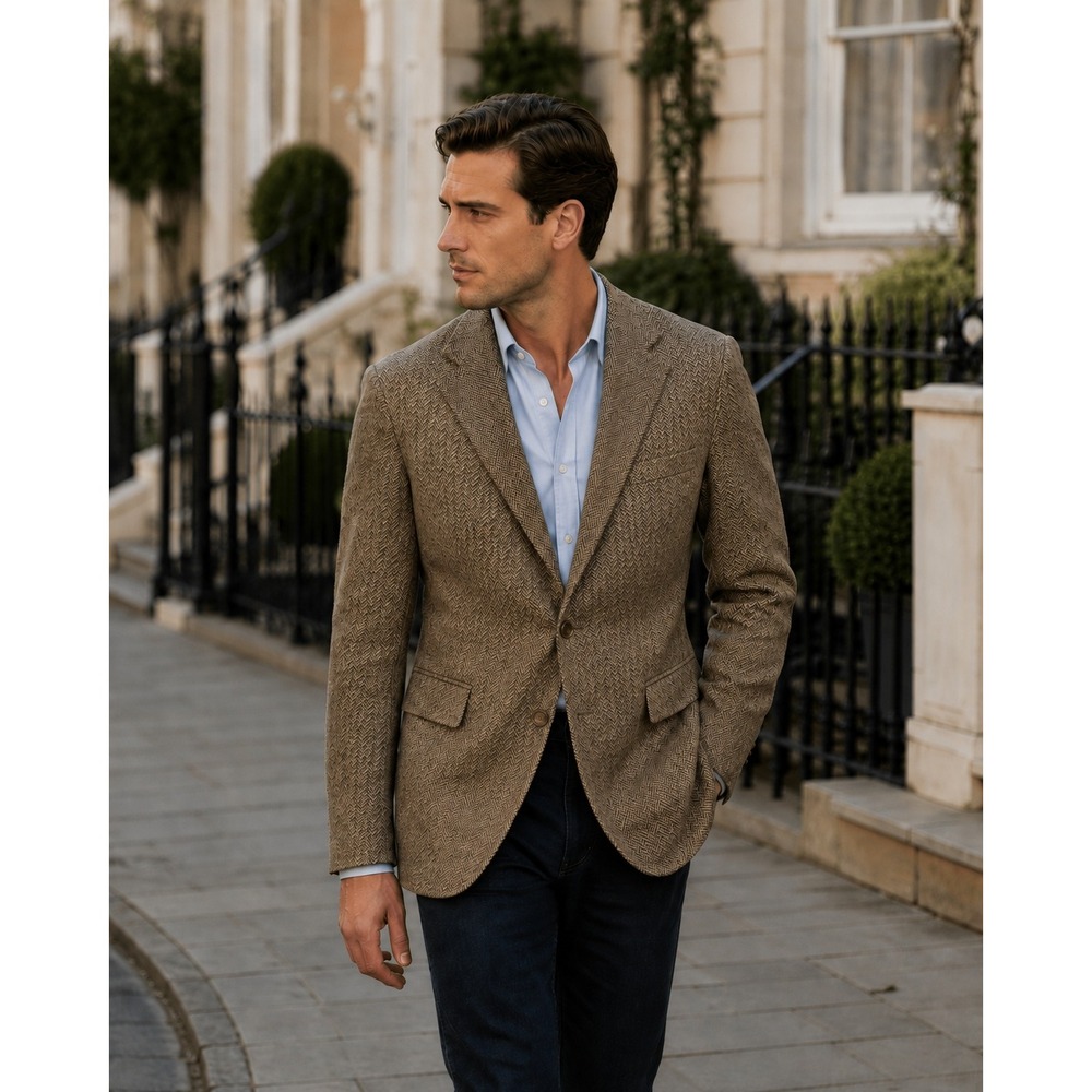 Polo Ralph Lauren Blazer Tan Herringbone Silk Wool 2-Button Italy Mens Sz 40R